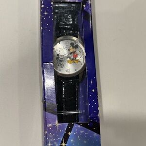 Mickey Mouse Black Leather Strap Watch “Mickey Through the Years”
